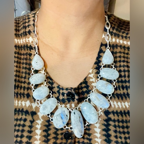 Oval Shape Rainbow Moonstone Necklace - Picture 10 of 12